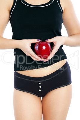 female body and red apple