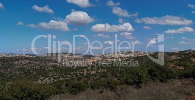Landscape in Upper Galilee with Druze town on the horizon