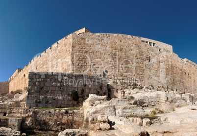 Distorted view of the corner of Jerusalem Old City wall near the Dung gate