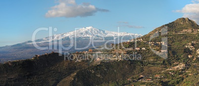 Snow peak of Etna volcano, Sicily, seen from Taormina