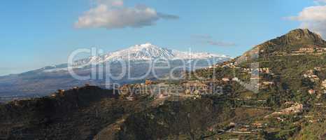 Snow peak of Etna volcano, Sicily, seen from Taormina