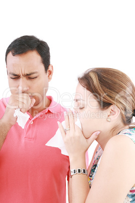young couple having the flu, isolated over white background