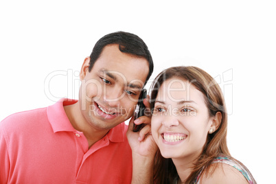 Young couple sharing mobile phone, portrait, close up