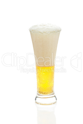 light beer with the foam in a tall glass isolated on white