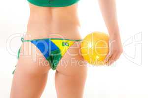 Brazilian Bikini Bottom model holding soccer ball