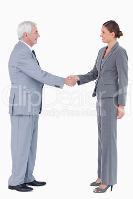 Side view of smiling businesspartner shaking hands