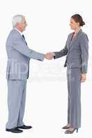 Side view of smiling businesspartner shaking hands