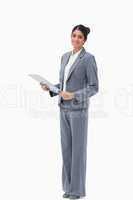Smiling saleswoman with clipboard