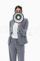Saleswoman using megaphone