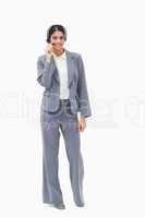 Smiling call center agent adjusting headset