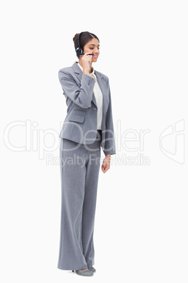 Standing call center agent with headset