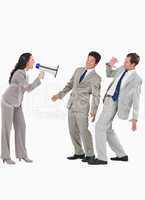 Saleswoman with megaphone yelling at colleagues