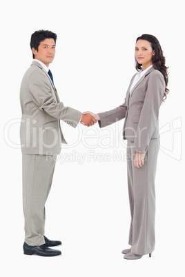 Side view of trading partners shaking hands