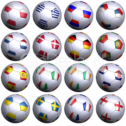 Alle Flaggen der Rivalen der Europameisterschaft 2012 auf Fußbällen- Sixteen soccer balls with flags of the 2012 European Championshi