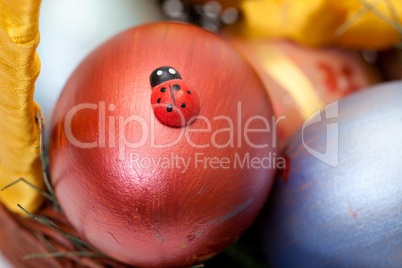 ladybug on painted easter eggs in basket