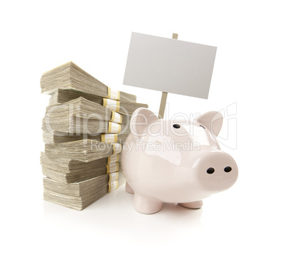 Pink Piggy Bank with Stacks of Money and Blank Sign