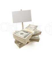 Stacks of One Hundred Dollar Bills with Blank Sign