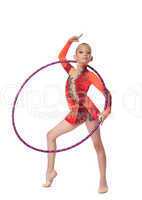 Young gymnast stand with hoop isolated