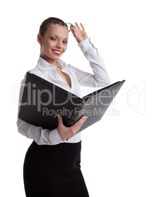 Sexy business woman smile look in book