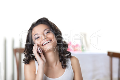 Happy woman call phone smile in white