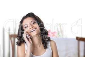 Happy woman call phone smile in white