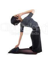 businesswoman in yoga pose with cell phone