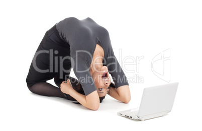crazy business woman in yoga pose cry on laptop