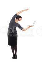 businesswoman stand balance with laptop