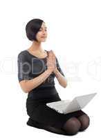 business woman sit on white with laptop