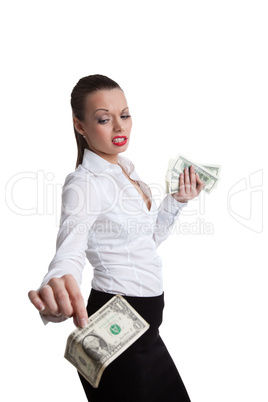 sexy business woman take a dollar with defiance