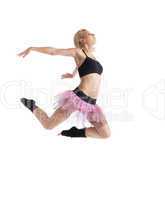 Athletic young woman jump in dance isolated