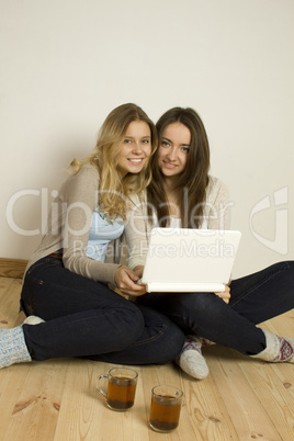 Two attractive friends at home with laptop