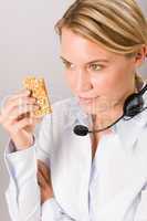 Customer service woman operator have break snack