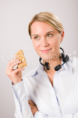 Customer service woman operator have break snack