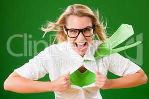 Green Superhero Businesswoman crazy face