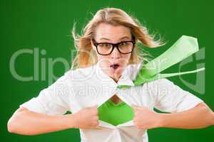 Green Superhero Businesswoman crazy face