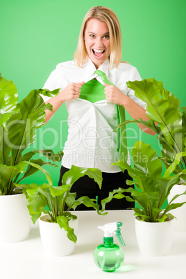 Green business superhero woman crazy plants