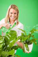 Green business woman water houseplant smiling
