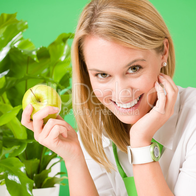 Green business office woman smiling hold apple