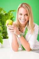 Green business office woman smiling hold apple