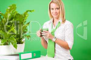 Green business office woman smiling coffee