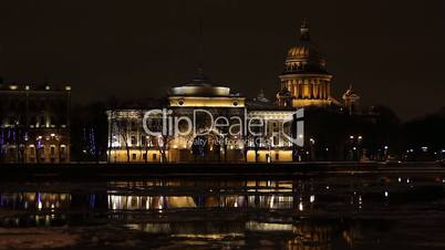 St Petersburg, The Admiralty building and Isaac Cathedral at night