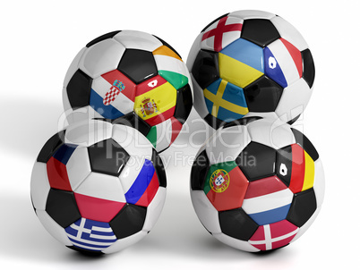 Vier Fußbälle mit den Flaggen der Rivalen der Europameisterschaft 2012 - Four isolated soccer balls with flags of european countries.