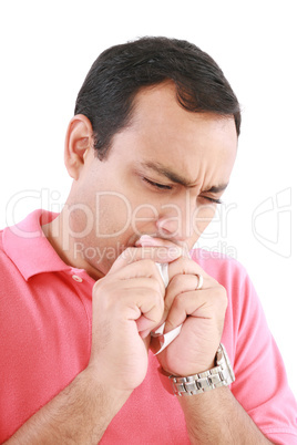 Coughing sick man isolated on a white background