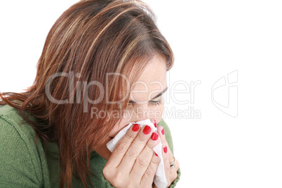 Sick woman with tissue on white