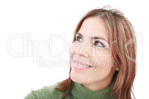woman looking up against white background