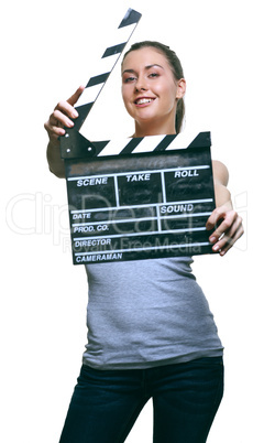 Attractive young woman with movie clapper