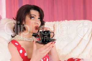 woman pin-up with tea