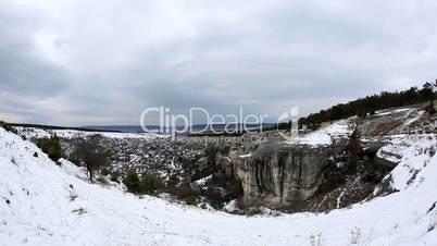 Winter cloudy, windy weather in the mountains with fisheye view (Time Lapse)