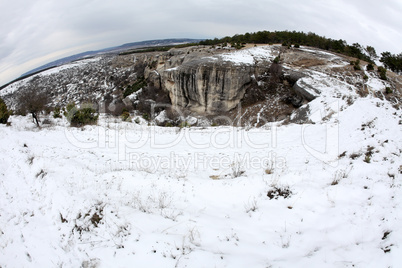 Winter cloudy, in the mountains with fisheye view